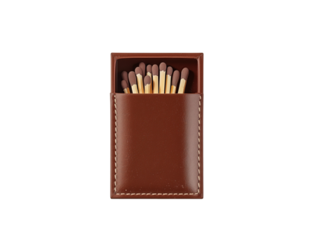 Elegant brown leather matchbox filled with wooden matches isolated on plain surface