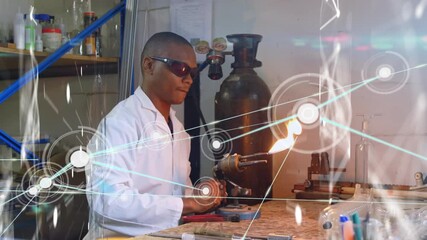 Animation of network of connections over african american male lab worker - Powered by Adobe