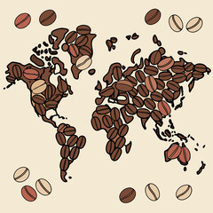 World map made of coffee beans on a beige background showcasing global coffee consumption and the international coffee trade and distribution network