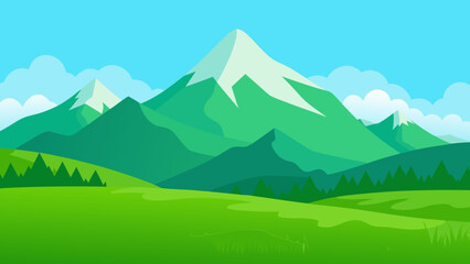 Fototapeta premium Green Alpine Meadow Vector Nature Illustration Mountain Floral Field