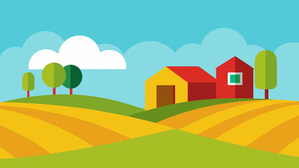 Naklejka premium Farmland Distant Barns Vector Nature Illustration Rural Countryside Scene