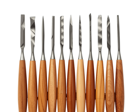 Exquisite set of ten wood carving tools arranged precisely to showcase their unique shapes
