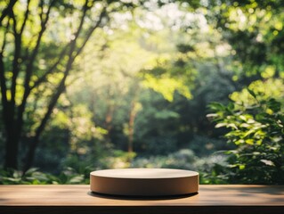 47.A clean, minimalist podium is set against a blurred green forest backdrop, where sunlight filters through the trees. This peaceful setting complements the fresh, natural aesthetic of products made