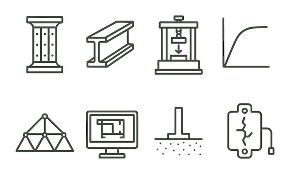 Engineering icons set featuring structures, tests, and graphs