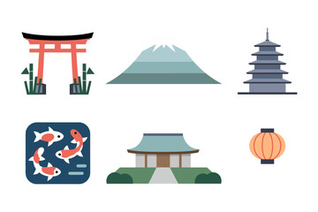 Obraz premium Torii and temple travel icons, coastal shrine scenes, koi fish pond, pagoda skyline, maple leaf accent, Japanese scenery symbol pack
