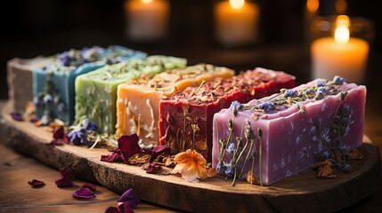 Colorful soap bars decorated with various flowers and petals are artfully placed on an old wooden table, creating a tranquil atmosphere ideal for relaxation and self-care.