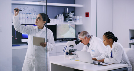 Woman, scientist and writing with tablet in lab for planning, equation and formula for experiment. Female person, notes and digital for research, calculate compound and medical information on window