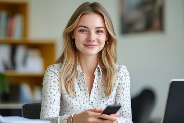 Portrait of a young businesswoman sitting at the office desk, using a mobile phone and smiling at the camera, balancing professional responsibilities with a friendly demeanor, Generative AI