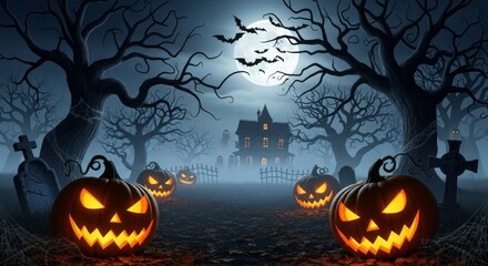Spooky Halloween Scene with Jack-o'-lanterns and Full Moon Night