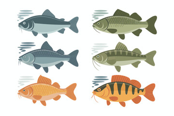 Freshwater fish quadrant pack, individual river fish icons, trout bass carp pike walleye, motion lines accents, flat vector assets