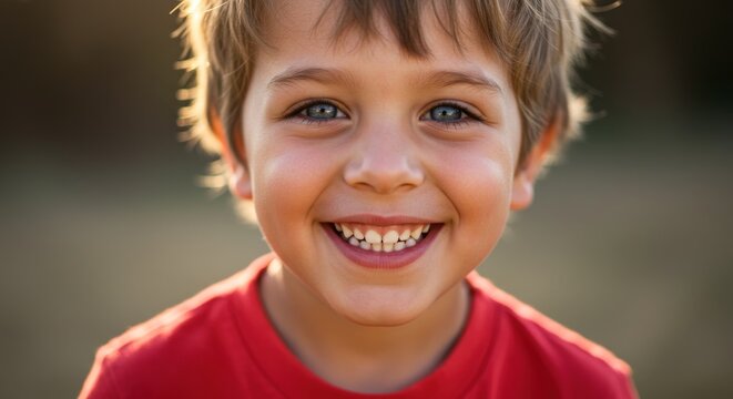 Young boy smiling with blue eyes and blond hair in a red shirt - Powered by Adobe