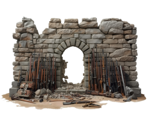 Historical Arsenal Display, Antique Firearms and Weapons Collection against Stone Ruin Backdrop