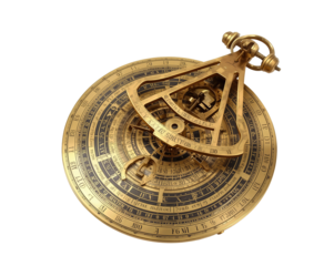 Intricate brass astrolabe against stark creates a captivating fusion of science and art