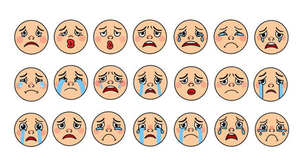 Cartoon emotive faces depicting various levels of sadness and sorrowful expressions portraying