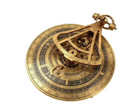 Intricate brass astrolabe against stark creates a captivating fusion of science and art
