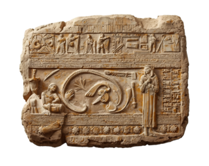 Intricate ancient bas relief depicting everyday life scenes and hieroglyphs against a backdrop