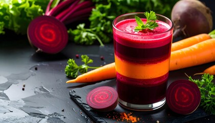 Refreshing layered beet and vegetable juice in a clear glass surrounded by fresh carrots beets and herbs on a dark surface with natural lighting