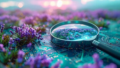 Magnifying glass revealing a vibrant lavender field integrated with futuristic circuit board technology, symbolizing the intersection of nature and innovation for a sustainable future