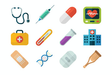 Medical equipment icon collection, stethoscope first aid kit thermometer hospital syringe capsule bandage crutch clipboard, emergency healthcare vector symbols