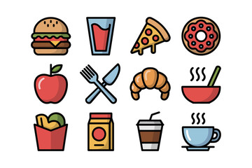 Fast food and cafe icon pack, burger pizza donut fries, coffee tea bowl salad croissant, utensils takeaway cup meal snack