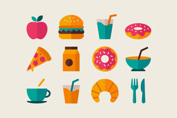 Minimal breakfast food icon collection, apple burger croissant donut, coffee tea juice bowl cereal milk, spoon fork plate