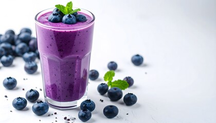 Refreshing blueberry smoothie in a tall glass garnished with mint leaves and fresh blueberries on a clean white background for healthy eating and beverage concept