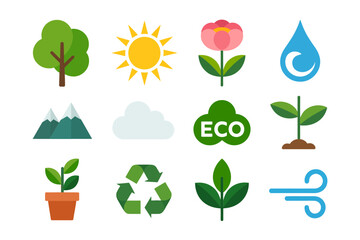 Eco nature icon pack, leaf plant recycle symbol sun water droplet mountain globe sprout, green energy sustainable icons