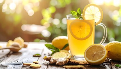 Refreshing Lemon Ginger Tea in a Glass Mug with Lemon Slices and Fresh Mint Leaves on a Wooden Table in Bright Natural Sunlight