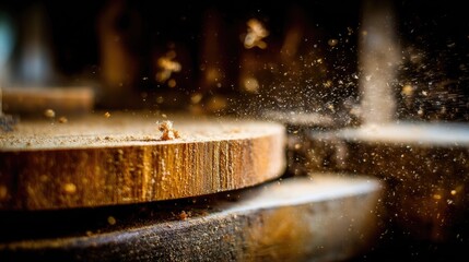 Wood shavings flying from a rotating wooden disc.