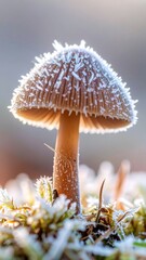A close-up view of a small mushroom, covered in delicate frost, nestled amongst a bed of frosted moss.