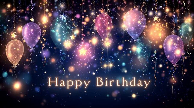 Colorful birthday balloons and sparkling lights creating a festive celebration atmosphere.