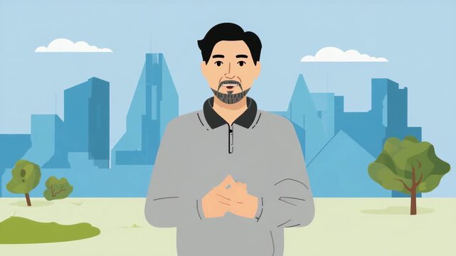 Friendly man character talking or presenting in a flat design style. Explainer video illustration with a city park background for business or corporate communication.