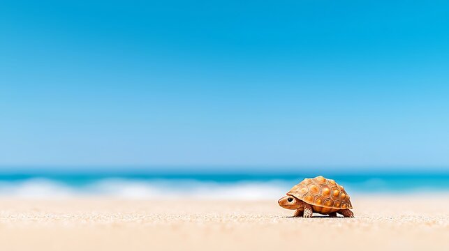 Tiny turtle walks on sandy beach towards ocean waves