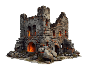 Mystical Ruined Castle with Arches and Glowing Embers, A Journey Through Time and Imagination