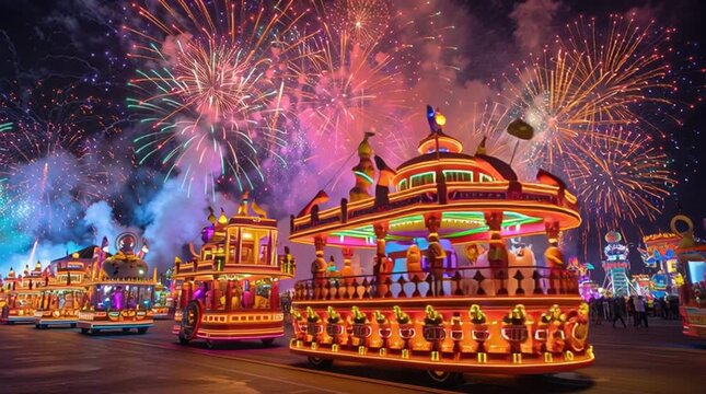 A vibrant festival parade with colorful floats illuminated by festive fireworks.