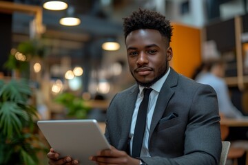 Businessman using a tablet in a modern office setting, focused on reviewing key documents or financial reports to ensure smooth workflow and decision-making, Generative AI