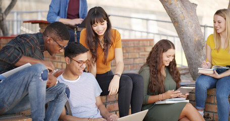 University, students and people with laptop for education, talk and preparing for exam with friends. Learning, group and planning with tech for knowledge, conversation or research for test in college