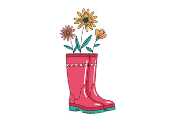 Charming pink rubber boots bloom with cheerful daisies and flowers a whimsical garden scene for the outdoors