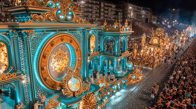 Vibrant parade float illuminated at night with colorful decorations and cheering crowd.