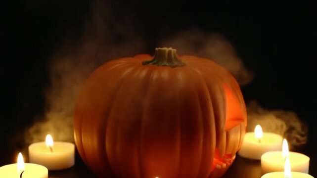 Carved Halloween pumpkin lit a flame inside, around the smoke travel along on a black background with lighted candles close up. Slowmotion