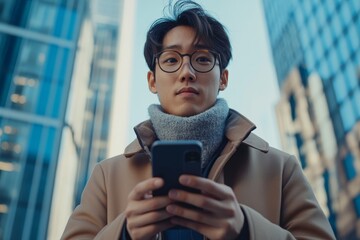 Close-up photo of a young smiling Indian male student standing outside wearing white headphones, holding a phone, and actively engaged in calls, chatting, or listening to music, Generative AI