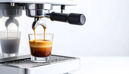 Close-up of an espresso machine pou freshly brewed rich dark coffee into a transparent glass cup on a modern kitchen countertop with reflections in the background