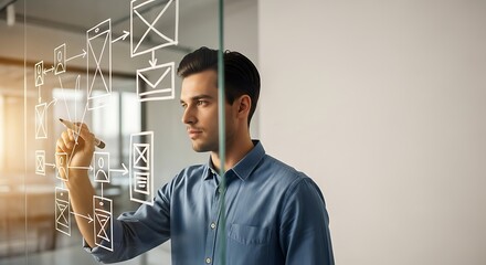 Man designing user interface on glass wall.