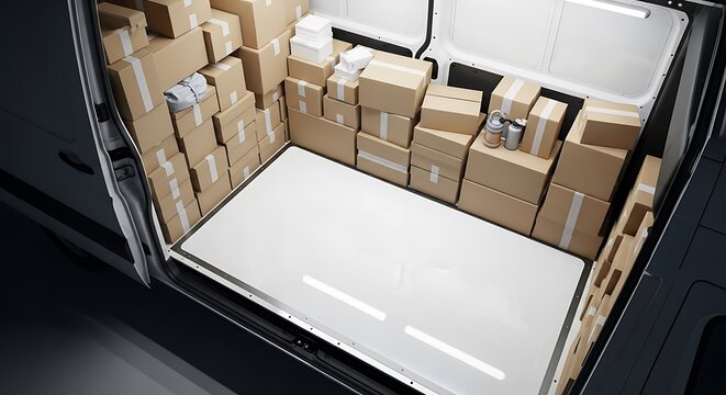 Interior view of a delivery van with numerous cardboard boxes stacked against the back and side walls, leaving the front floor space empty.