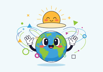 Fototapeta premium A cheerful cartoon earth character reaching up towards a smiling sun above a brightly colored abstract geometric background representing global connections