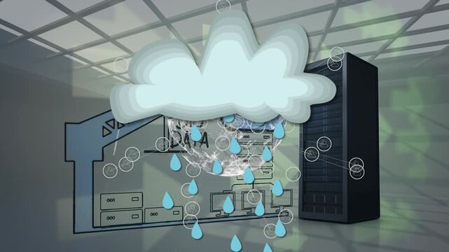 Animation of cloud with rain icon and globe over icons and server room - Powered by Adobe