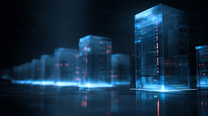 A row of server racks with blue light emanating from the bottom in a dark environment