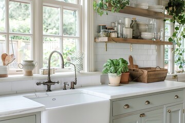 Bright, Airy Kitchen with Farmhouse Sink, Open Shelves, and Abundant Natural Light Streaming Through the Window