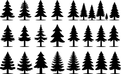 Obraz premium Pine tree silhouette pack, evergreen conifer vectors, forest tree icons in multiple sizes, camping scenery elements, woodland pattern design set
