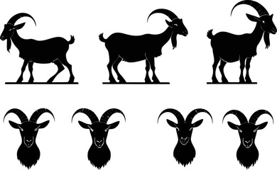 Goat silhouette set, mountain goat side views and head icons, horn profile illustrations, livestock animal vectors, farm wildlife decorative elements
